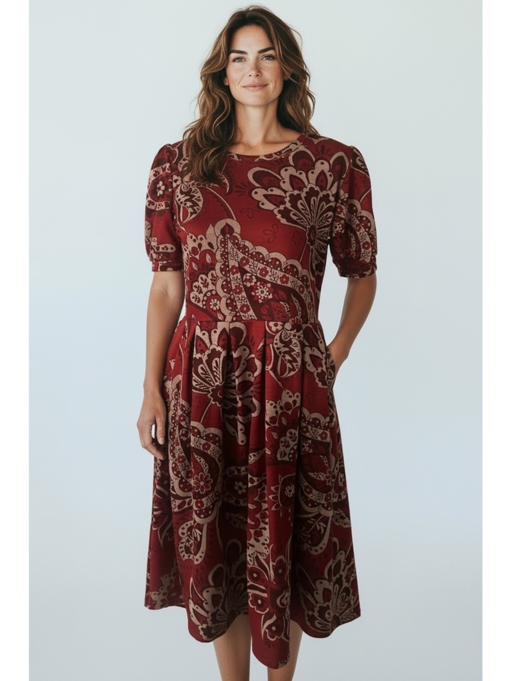 Women's Burgundy Midi Dress with Beige Floral Pattern and Puff Sleeves